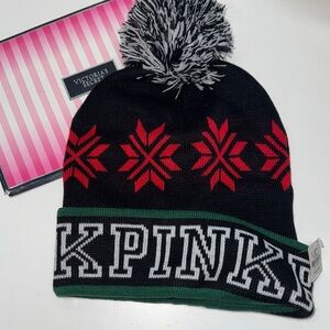 PINK Victoria's Secret Black and Red Snowflake Beanie